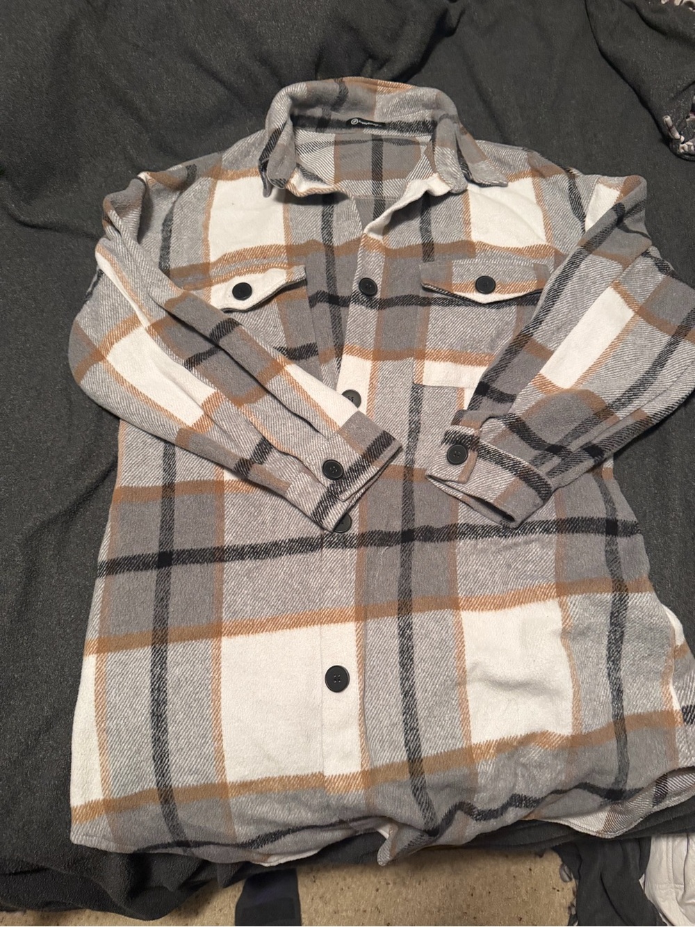 Kids Plaid Button-Up Jacket Shacket - Gray, White & Brown